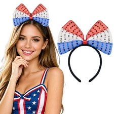 4th of July Bows Headbands USA Flag Sequins Hair Band 02-red blue white bow