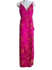 Lulus Maxi Dress M Pink Satin Jacquard NWT Gold Floral Slip V-Neck Strappy Slit