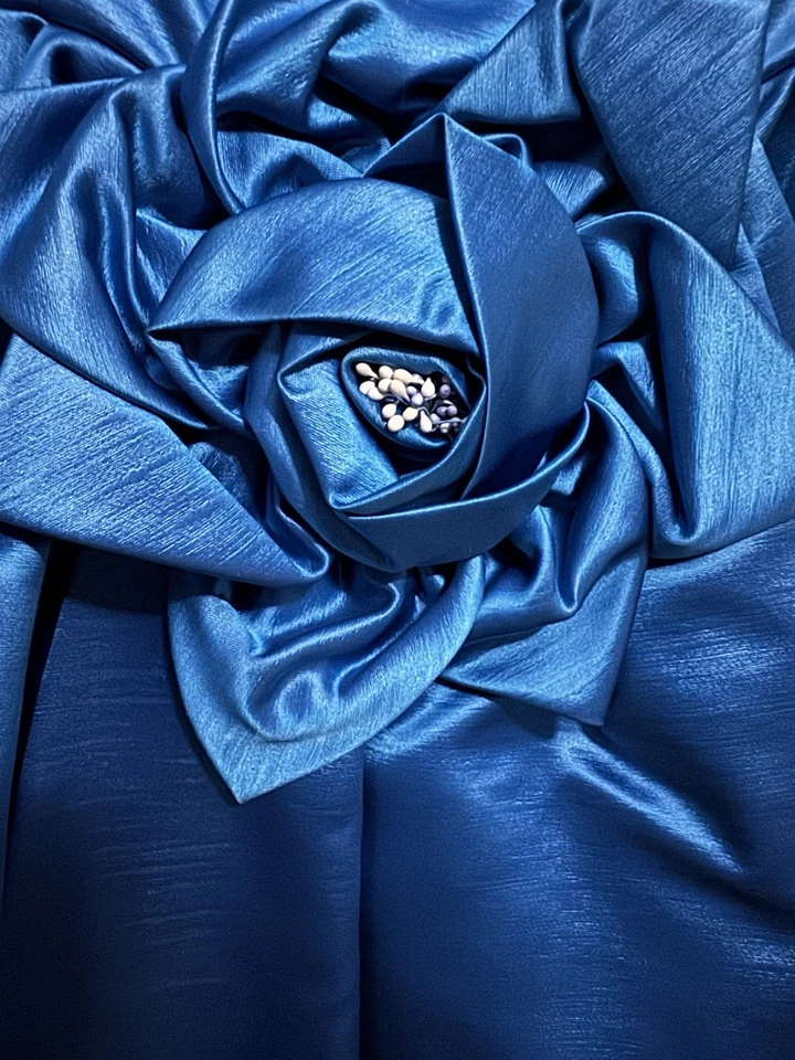 1950s-60s Handmade Vintage Dress Blue 3/4 Sleeve MIDI Taffeta or Satin Material - Image 2 of 4