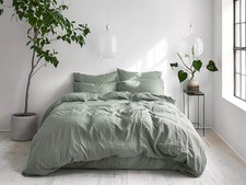 Stone Washed 100 Flax Linen duvet Cover Set - Queen, Soft Sage Green 3 Pieces