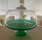 Vtg Anchor Hocking Wexford Cake Plate Emerald Green Stand-Clear Punch Bowl