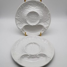 2 Gien France White Faience Pottery Artichoke Oyster Plates Floral Design 9"