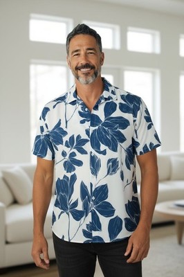 Atlanl Mens Blue Floral Short Sleeve Button Down Shirt