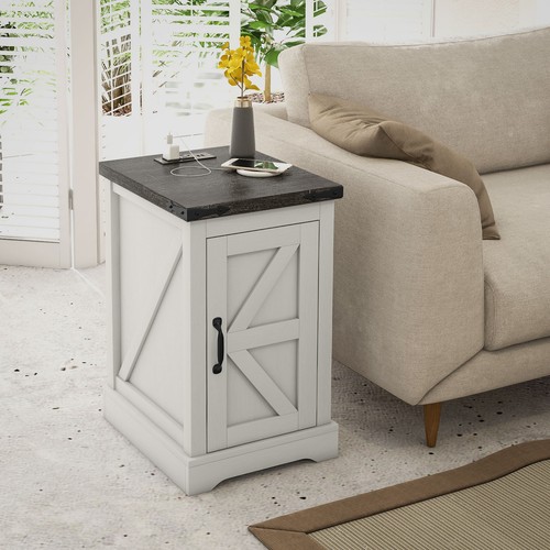 HOMCOM End Table with Charging Station and USB Ports Distressed White - Picture 2 of 11