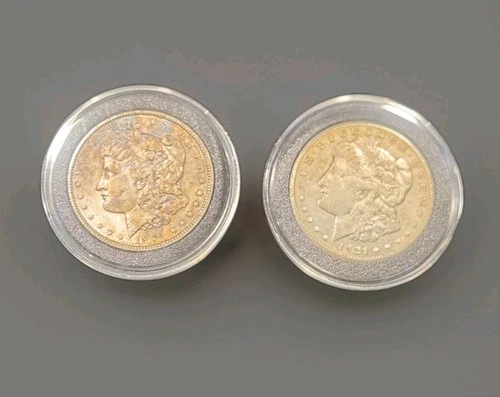 1904 & 1921 Morgan Silver Dollar Coin Lot of 2 BU/AU US Coins in Capsules