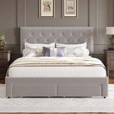 Upholstered Bed Frame Headboard  2 Drawers,Platform Bed Full Queen King Size