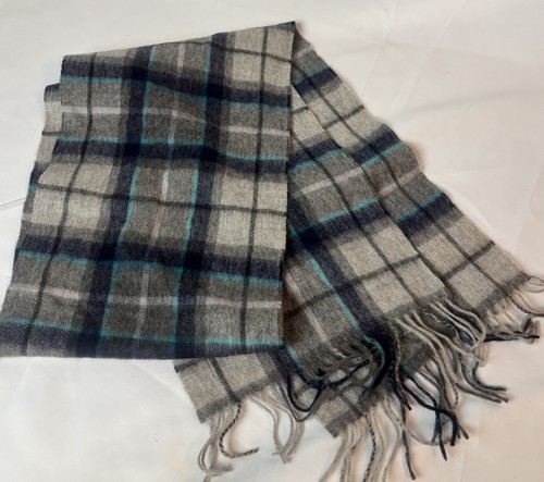 Edinburgh Since 1437 100% Lambswool Scarf Blue Gray Plaid W/ Fringe 10”x68” - Picture 1 of 3