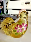 Fenton Glass Rooster Chicken Yellow w/Pink & Orange Flowers Signed Ex Cond- Cute