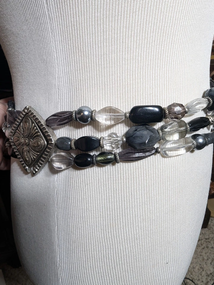 Винтажный эластичный ремень Coldwater Creek черного и серебристого тона с бисером и защелкой-крючком - Изображение 3 из 4