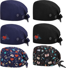 6 Pcs Women Scrub Caps Satin Lined Caps with Buttons Sweatband