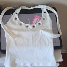 Cursed Women’s White Solid Knit Scoop Neck Halter Grommet Tie-Back Top XS