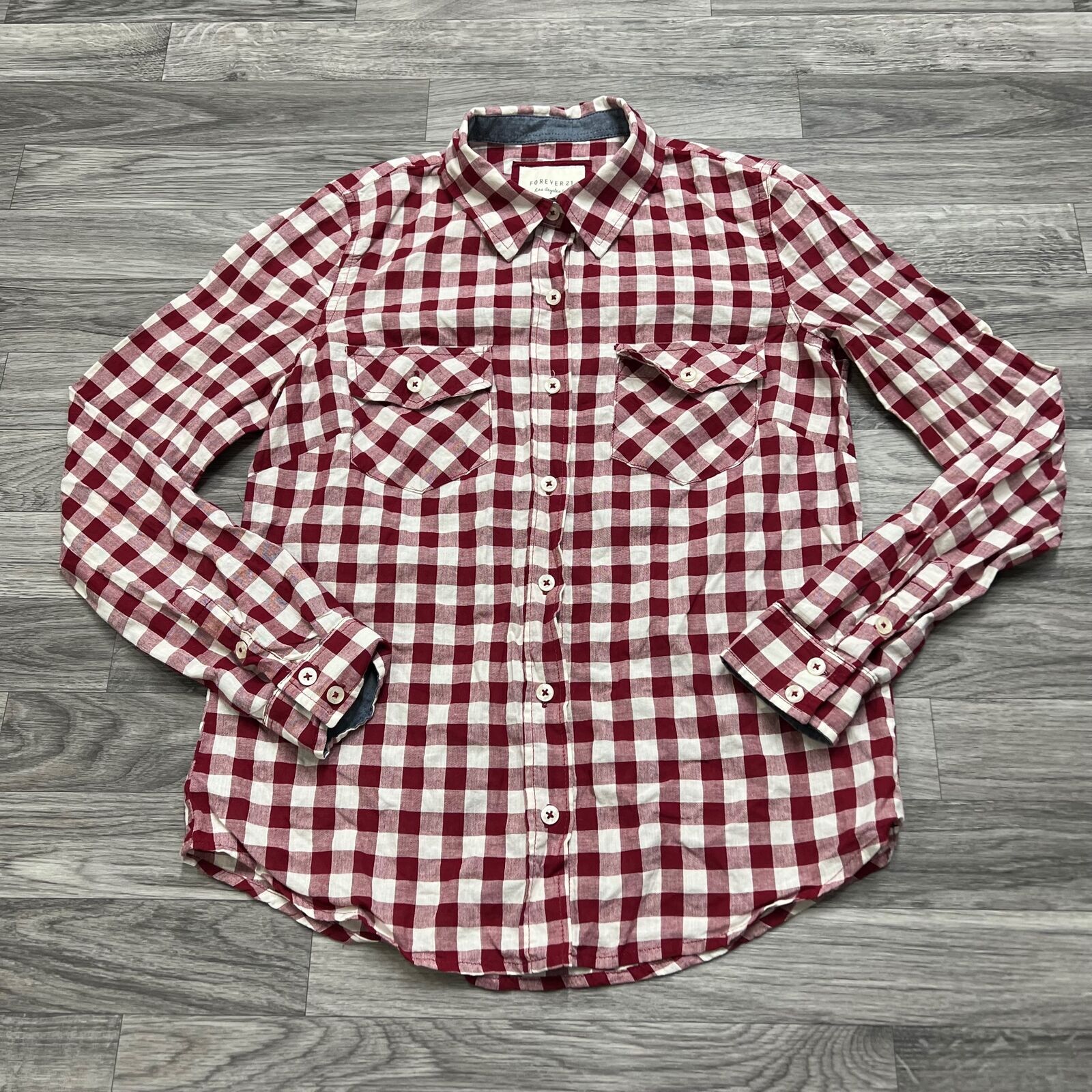 FOREVER 21 Button Down Collared Red Plaid Casual … - image 5
