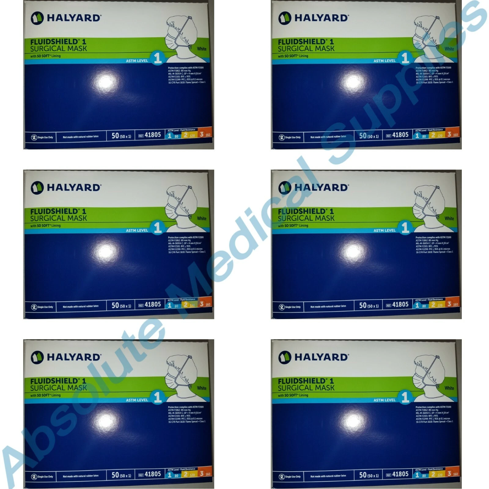 *300-Pieces* Halyard FluidShield ASTM Level 1 Surgical Face Mask White 41805