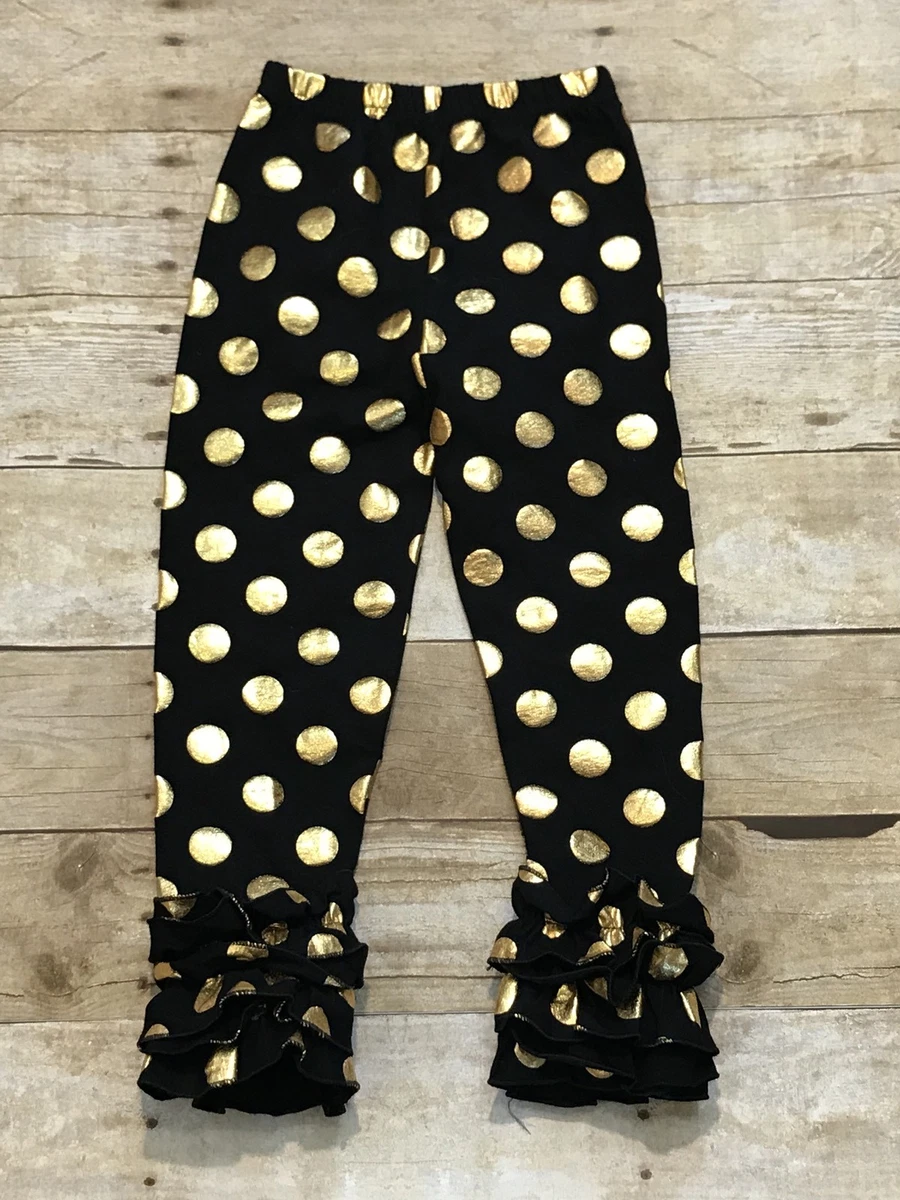 Black And Gold Polka Dot Girls Ruffle Pants Leggings Size 4-5 New Boutique