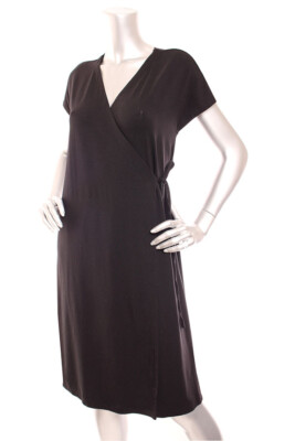 NEW Eileen Fisher Fine Jersey Cap Sleeve Boxy Fit H Line Wrap Dress Black