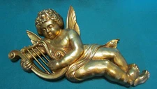 VTG Baroque  Rococo 16":CHERUB ANGEL GOLD  Wall Art Plaque  w LYRE Dart Ind