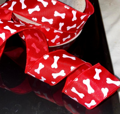 Dog Bones 1.5'' by 2 yd White on Red Wired Ribbon Valentine's Day Animal Love