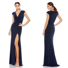 Mac Duggal V-Neck Ruched Navy Jersey Gown Size 6 NWT 26504