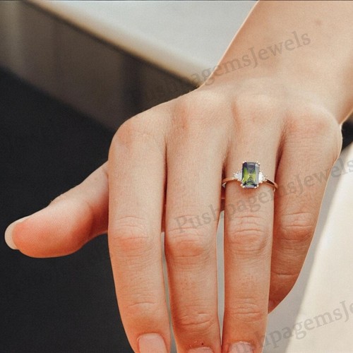 925 Sterling Silver 8X6 mm Emerald Shape Natural Peridot Ring Rose Gold plated - Picture 2 of 4