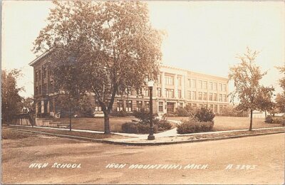 RPPC Iron Mountain Michigan Street View of High School 1944