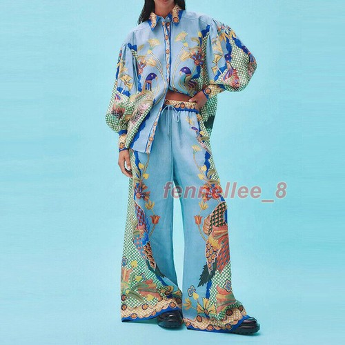 Mujeres Verano 2 piezas Nuevo Vintage Estampado Solapa Manga Larga Informal Camisa Pantalones Conjuntos - Imagen 1 de 25