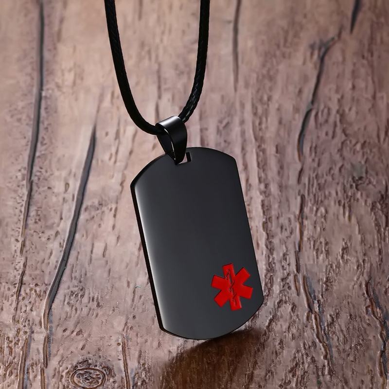 Emergency Men Medical Alert ID Dog Tag Pendant Necklace Custom Engraving  Black