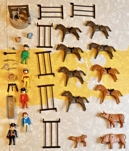Vintage 1970s Playmobil Western Set – Cowboy, Cow, Bull, Calf, Horses