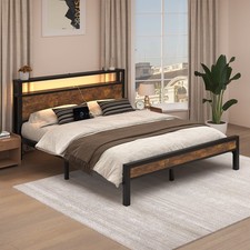 LED Light Bed Frame with 2-Tier Storage Headboard and Charging Station/Grey