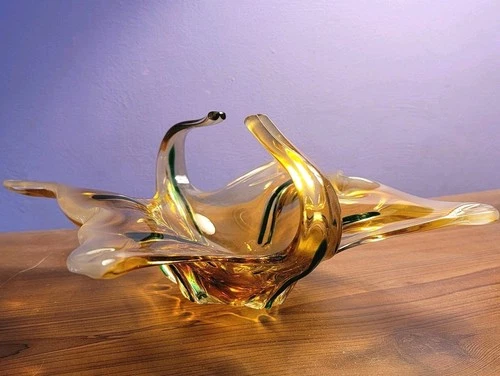 Mid-Century Free-Form Amber Art Vintage Glass Bowl Handmade (Murano, Chalet)