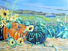 original oil painting pumpkins on display farm fall autumn landscape art