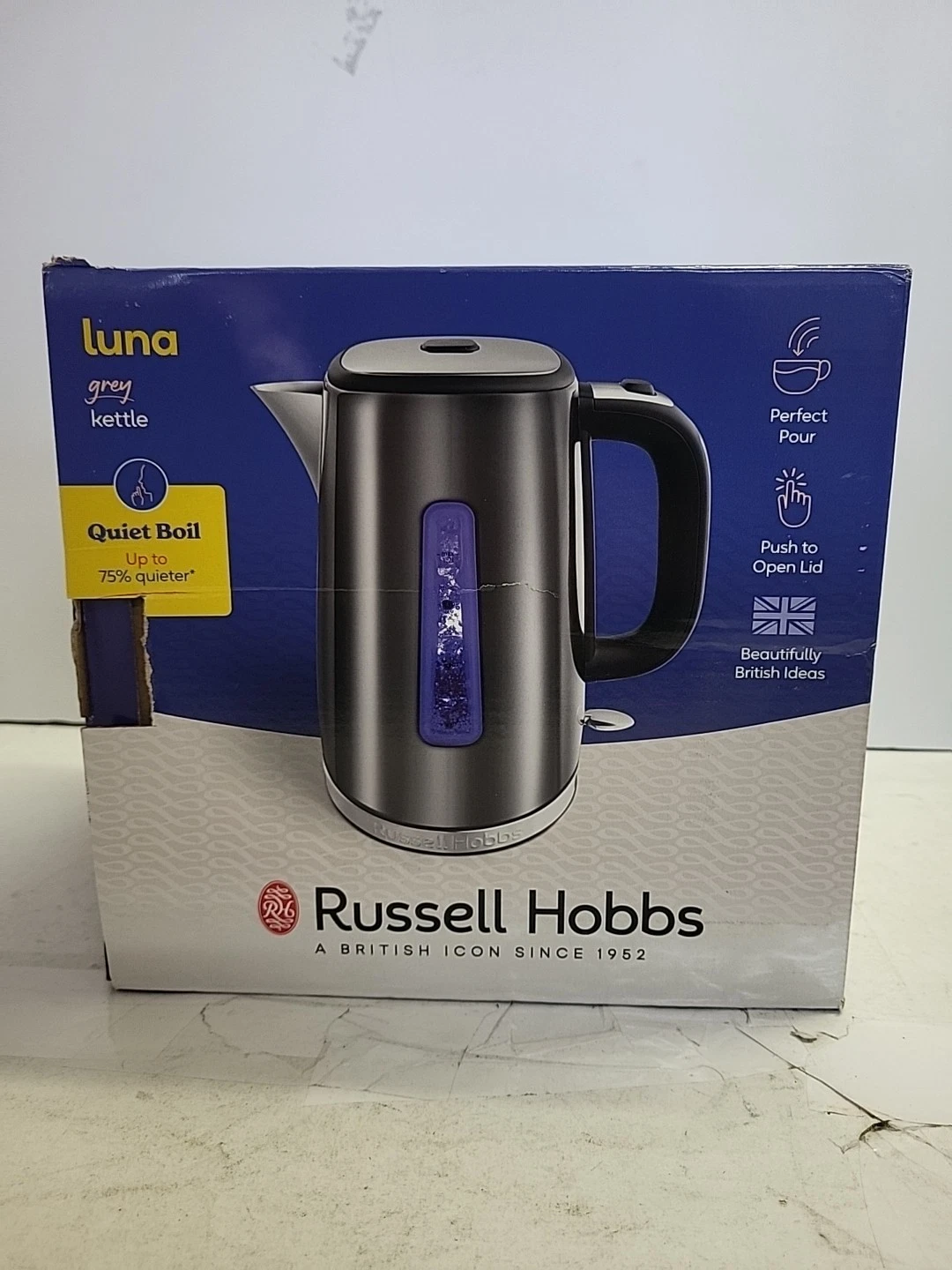 Russell Hobbs Quiet Boil Kettle Luna Grey with Illuminated Water Windows - 23211