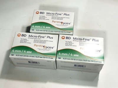 3x BD Micro-Fine Plus Pentapoint Pennadeln 0,23mm (32G) x 4mm, 100 Stück, NEU