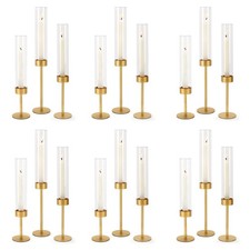 Set of 18 Glass Hurricane Candle Holders Gold Metal Base Taper