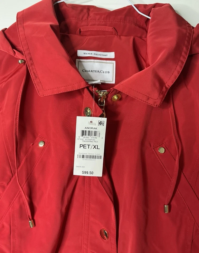 Chaqueta cortavientos Charter Club para mujer PET/XL roja resistente al agua abrigo ligero Foto 2 de 4