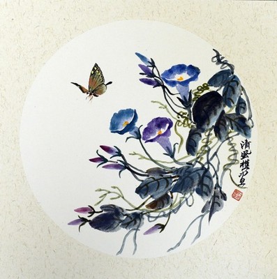Original Chinese Ink Painting Morning Glory Butterfly Round Rice Paper Wall Art