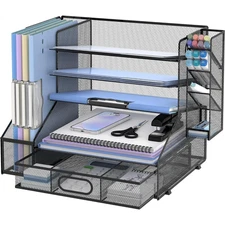Desk Organizer with File Holder, 5-Tier Paper Letter Tray Organizer with Drawer