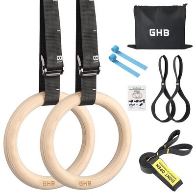 GHB Gymnastic Rings Wooden Gym 1.25'' Olympic Adjustable Grey