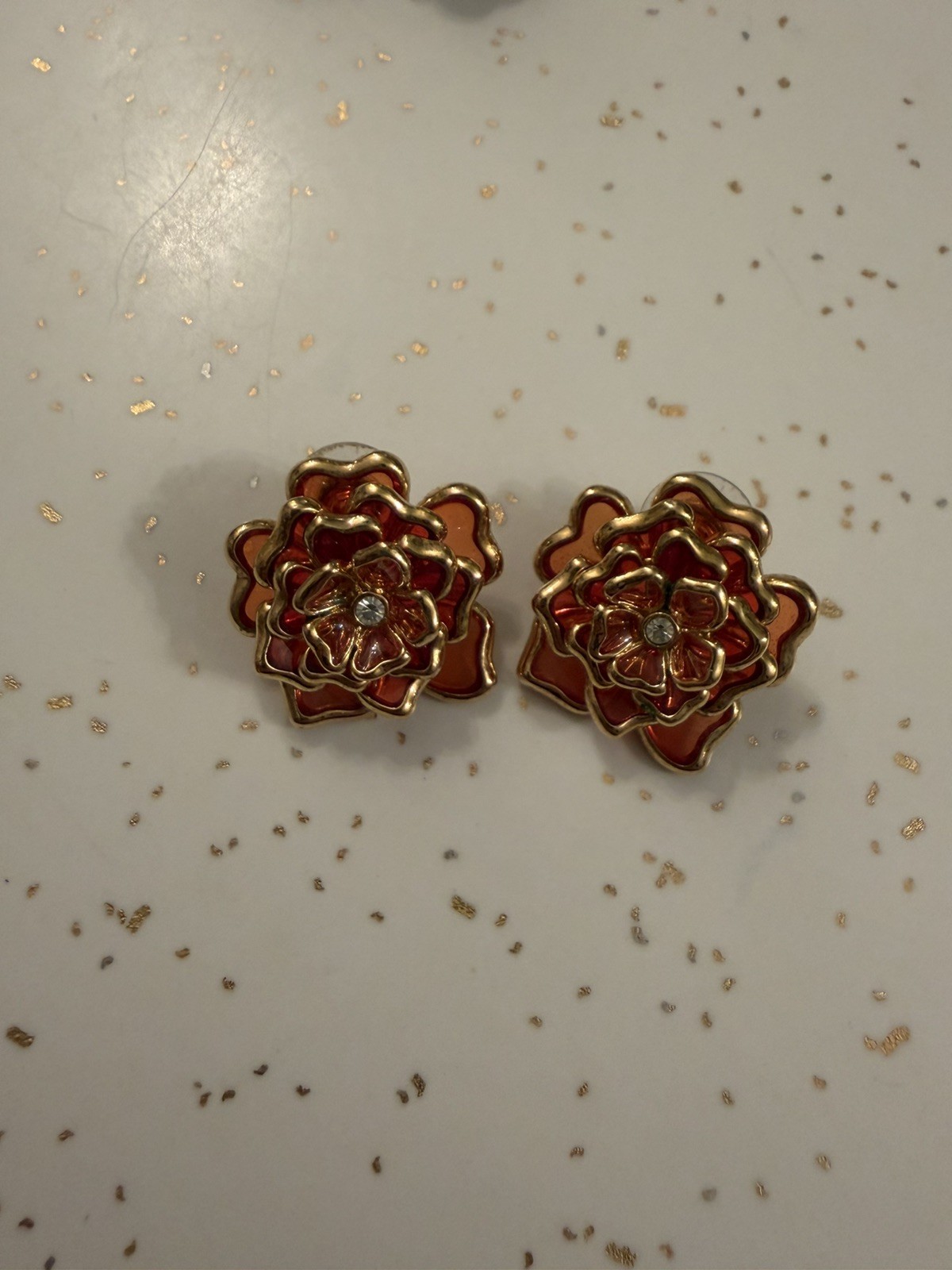 Vintage Joan Rivers Orange/Gold Enamel Flower Stud Earrings