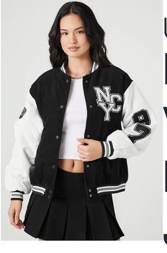 Forever 21 Giubbotto Bomber In Pile Con Finiture Varsity Per Uomo - Chiusura A Pressione, Tasche Oblique