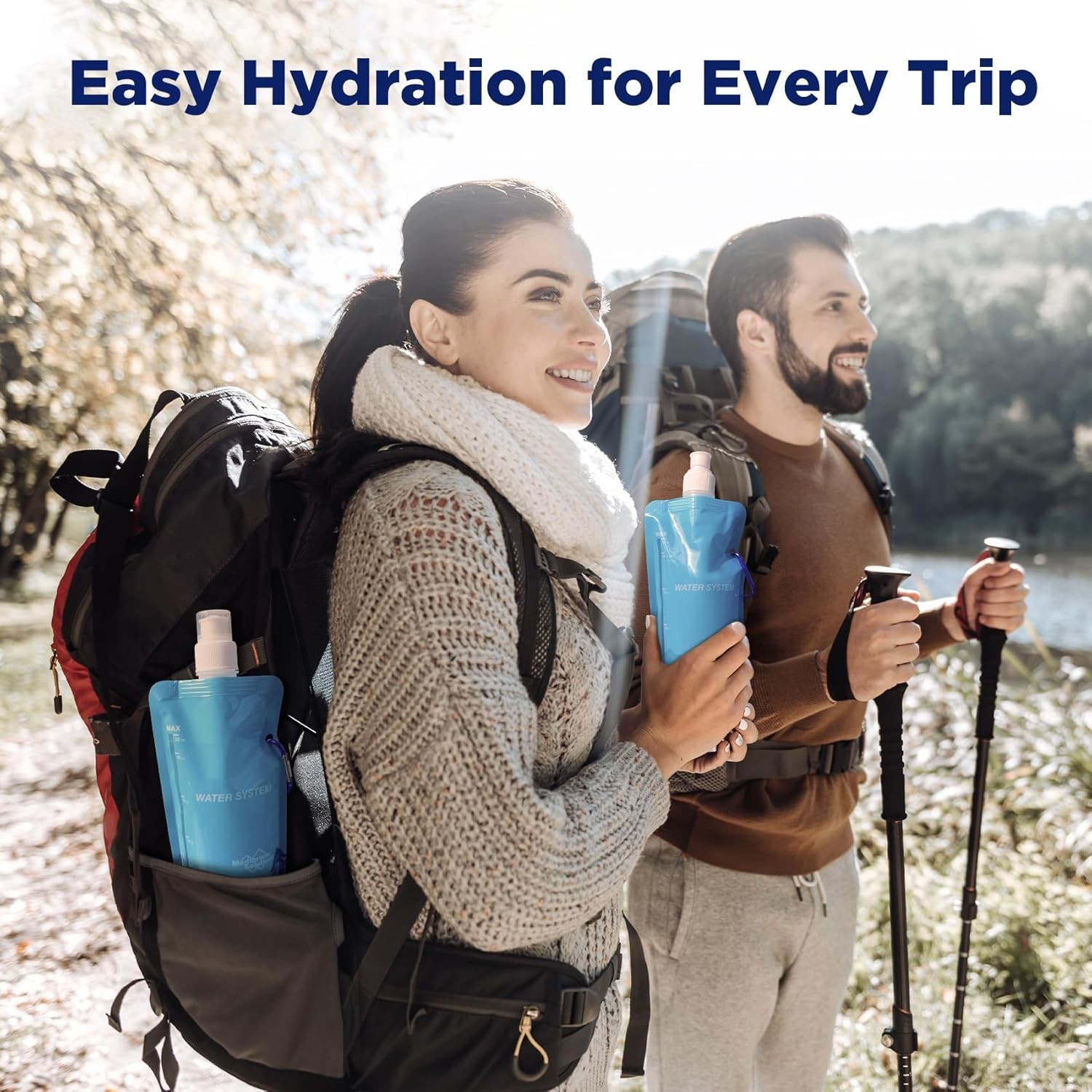 5000L Personal Water Filter Straw Purifier w/2Pcs 23Oz Water Pouches Collapsible