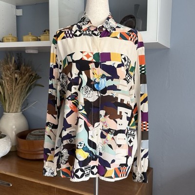 MSGM Silk Button Front Blouse Shirt Print Women Size 42 Colorful