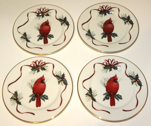 (4) Lenox WINTER GREETINGS 6" Party 'Cardinal' Plates ~ Excellent Condition
