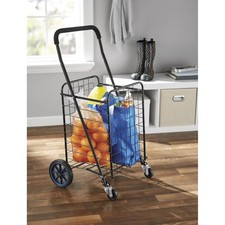 Folding Shopping Grocery Cart 50lb Steel 4-Wheel Adjustable Handle Black
