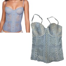 Victoria's Secret Blue Lace Semi Sheer Grommet Bustier Corset Top Size 34C