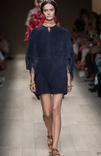 *VALENTINO* Runway S/S 2014 Navy Blue Suede Fringe Cape Mini Dress