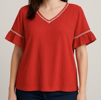 Max Studio Red Embroidered Flutter Sleeve Crinkle Blouse Women s Size2X NWOT $88