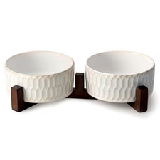 Dog Bowls with Wooden Stand, Double Ceramic Bowl Set, 3-Cup