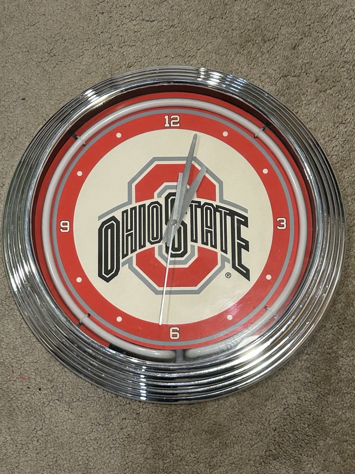 Ohio State University OSU Retro Neon Chrome Analog Wall Clock OSU 15”