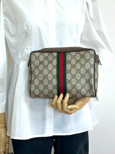 Gucci Vintage GG Supreme Sherry Line Clutch Bag PVC Leather Brown Authentic 0234