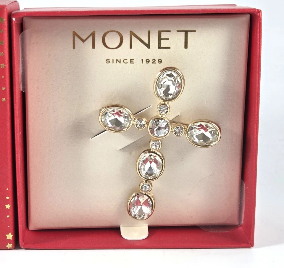Broche Cruz Monet Tono Dorado Estrás Blanco/Claro 2.25" Caja Original Nuevo Foto 2 de 4